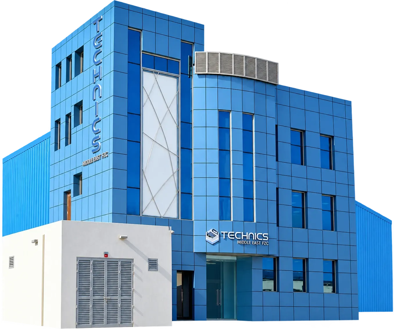 Office and factory building with blue panel cladding and a glazed entrance